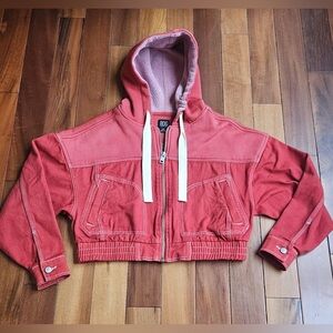BDG Red Hooded Cropped Denim Jacket